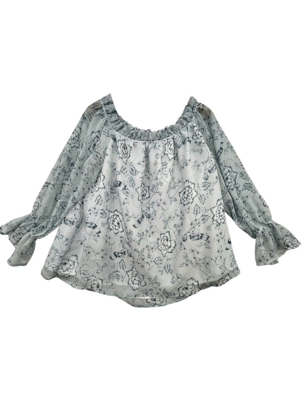 Belle Sky Women's Ruffled Peasant Blouse Long Sleeve Size XL Blue White Floral